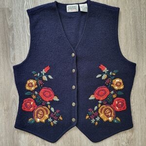 Boiled Wool V-Neck Sweater Vest With Floral Design